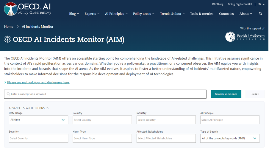 OECD AI Incidents Monitor AIM interface