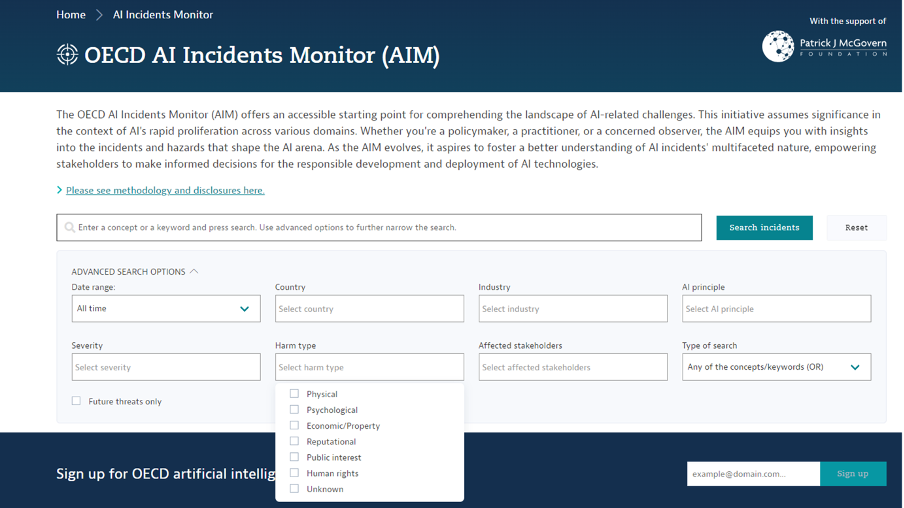 AIM interface showing list of harm types