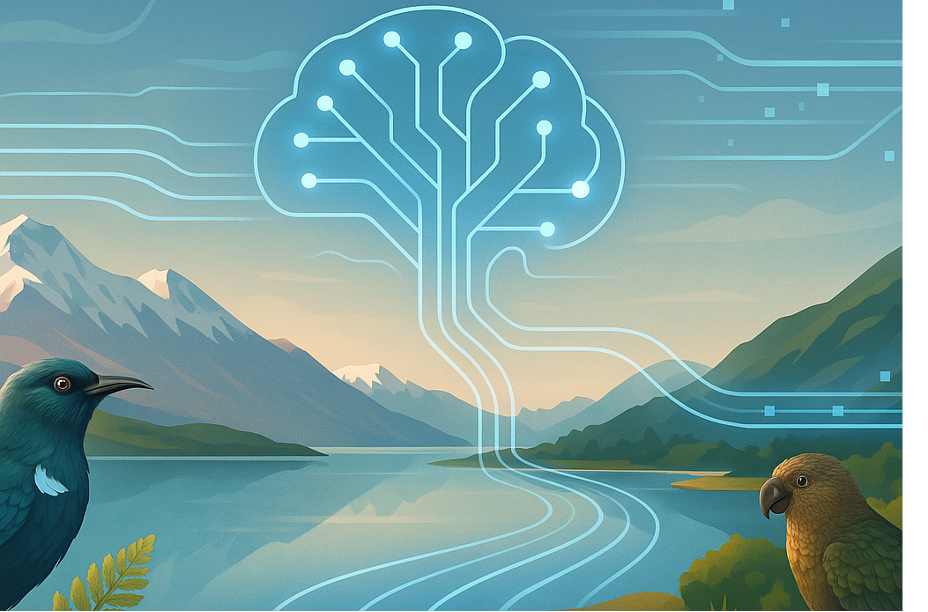 landscape with wildlife and digital brain illustration