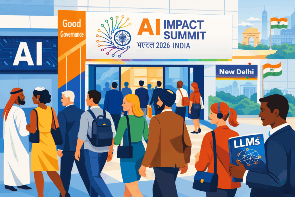 AI illustration of people entering a conference hall
