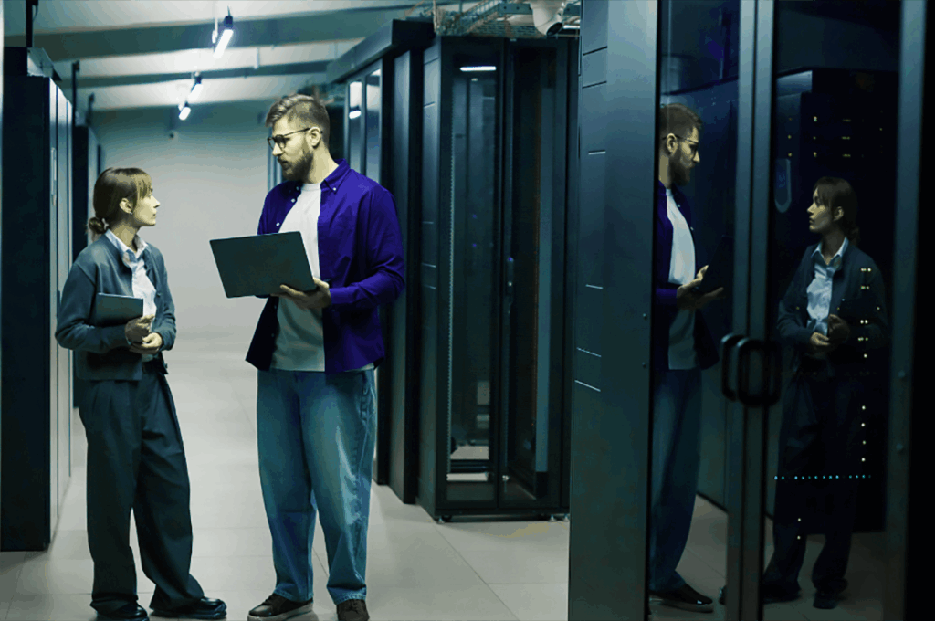people talking in a server room